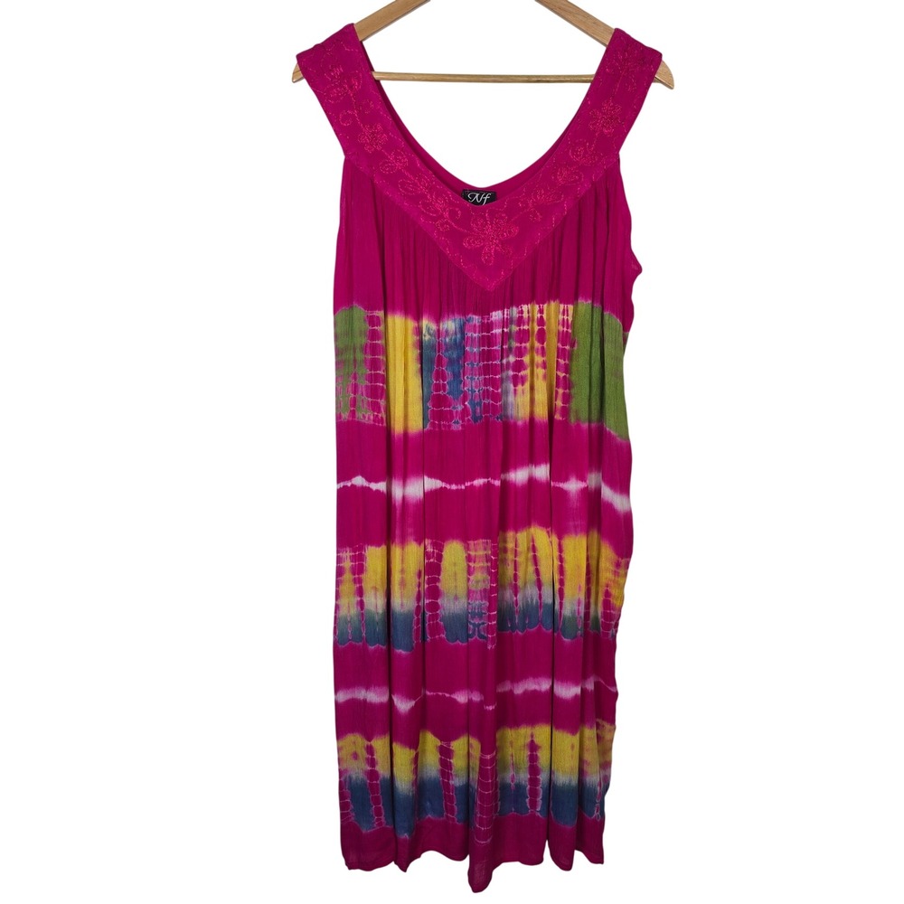 NF Pink Tie Dye Embroidered V-Neck Midi Dress One Size Boho Festival